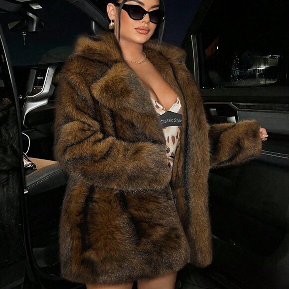 Luxury Lapel Neck Long Sleeve Open Front Fuzzy Coat - Coffee Brown - Picture 5 of 5